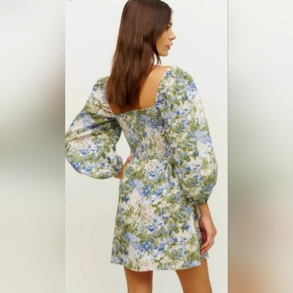 Reformation Greyson Hillside Floral Linen Mini Dress Sz S Smocked Puff Sleeves - Picture 2 of 16